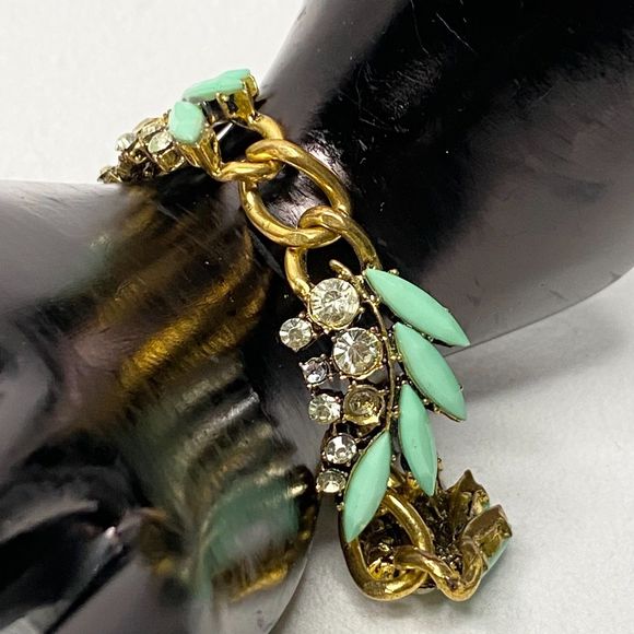 Chain Bracelet Mint Green Marquise Stone Clear Rhinestones In Gold Tone Links - Picture 2 of 10